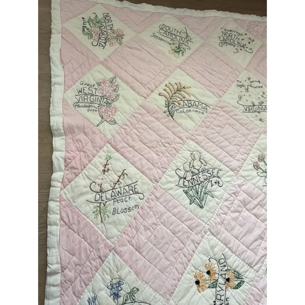 Vintage 48 US State Flower Quilt Embroidered Pink Checkered Handmade